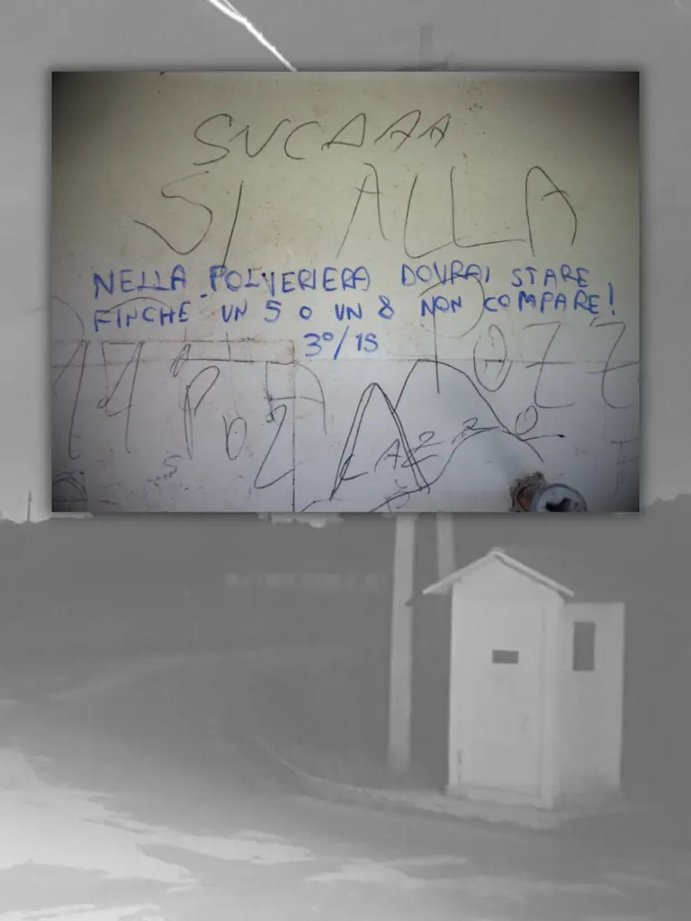 La scritta sul muro del gabbiotto della polveriera, e il gabbiotto di notte